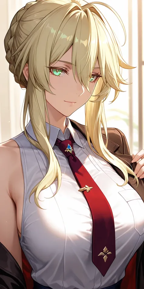 Masterpiece, very aesthetic, vibrant, high contrast, high resolution, ultra detailed, elegant mature woman, milf, artoria pendragon (lancer) (fate), curvaceous, upper body, tie, sleeveless collared shirt, jacket, side boobs, soft light, best quality, honka...