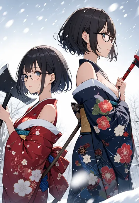 score_9, score_8_up, score_7_up, score_6_up, score_5_up, score_4_up, source anime,2girl,twins,black short hair,medium breasts,wearing glasses,japanese traditional kimono printed winter pattern,bare shoulder,cleavage cutout,blash up own hair,holding a long ...