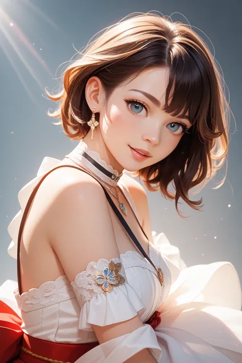 A hyper-realistic, ultra-detailed fashion photograph of a young woman, about 22 years old, japanese, very cute, with flawless, clear skin and a cute, delicate expression. She has rich brunette hair styled elegantly, and her facial features represent a Japa...