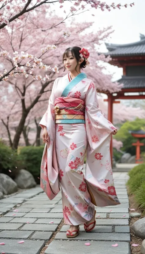 A Japanese woman wearing a kimono is walking along a path lined with cherry blossoms、The wind is blowing、Cherry blossom petals dance beautifully、The Wind Is Blowing、Many petals are fluttering、beautiful eyes