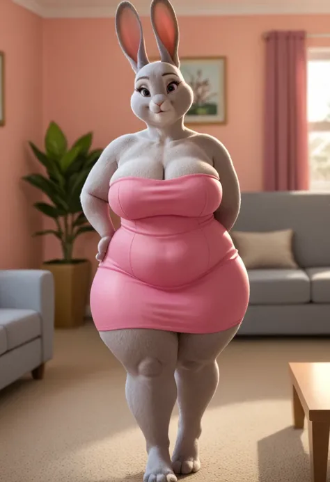 Grey Rabbit, sexy, perfect chubby curvy body, bald, pink tube dress, big chest, livingroom bg