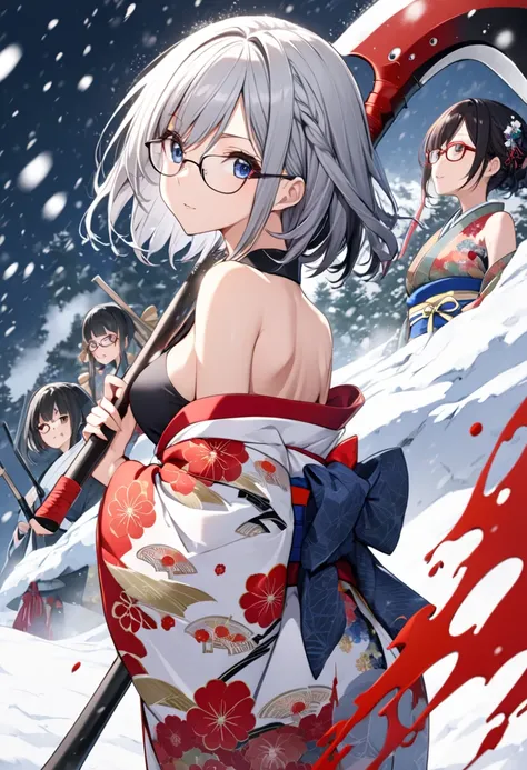 score_9, score_8_up, score_7_up, score_6_up, score_5_up, score_4_up, source anime,2girl,twins,black short hair,medium breasts,wearing glasses,japanese traditional kimono printed winter pattern,bare shoulder,cleavage cutout,blash up own hair,holding a long ...