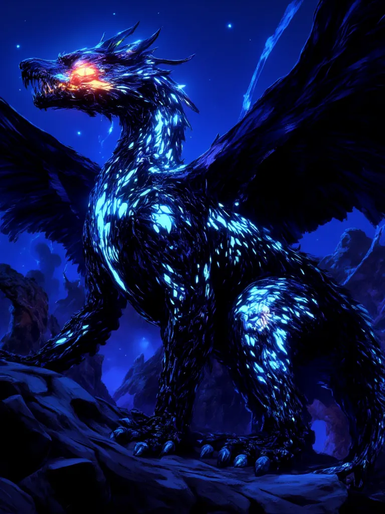 Huge black and deep dark blue Dragon, wings open, black bioluminescent body featuring neon-lit parts on its scales, Rotated view from bellow of dutch wide angle.