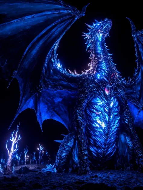 Huge black and deep dark blue Dragon, wings open, black bioluminescent body featuring neon-lit parts on its scales, Rotated view from bellow of dutch wide angle.