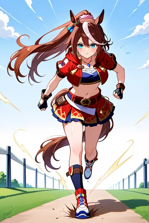 Tokaihorizon, horse tail, long hair, high ponytail, animal ears, ear ornament, red jacket, cropped jacket, hooded jacket, open jacket, puffy short sleeves, black gloves, fingerless gloves, red skirt, miniskirt, belt, necklace, midriff, navel、Running with a...