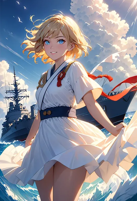 {{masterpiece, Highest quality, Very Detached CG,  Unity 8K Wallpaper , Cinematic Lighting, }}, Sony a7,  wide frame , South Pacific, During the war with Asian countries, Winds blowing on the Aegis ship, 1 girl, full body, smile,  She's a US Navy Soldier, ...