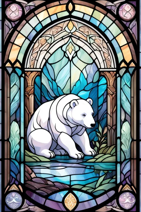  2D Stained Glass Soft ,PASTEL COLOR,White Bear Window Frame . Dungeons＆Dragons Art .  symmetrical design ,  stained glass style. is。. PASTEL COLORスキーム