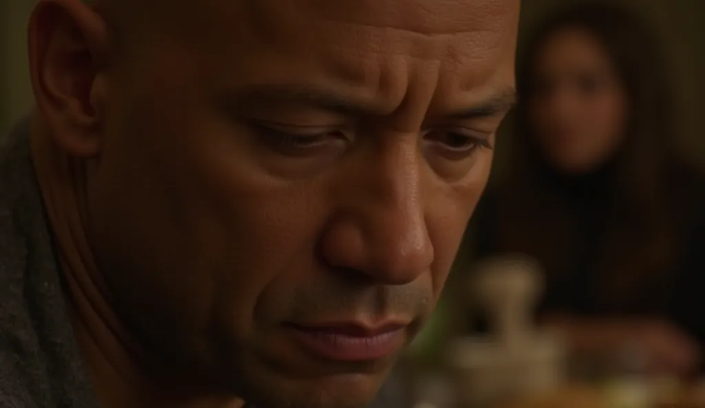 Opening Emotional Scene (0:00-0:08)

Prompt:
"A close-up shot of Vin Diesel's face, his eyes filled with deep emotion as he looks down, lost in thought. The lighting is soft and moody, casting shadows on his face. In the background, a blurred family dinner...