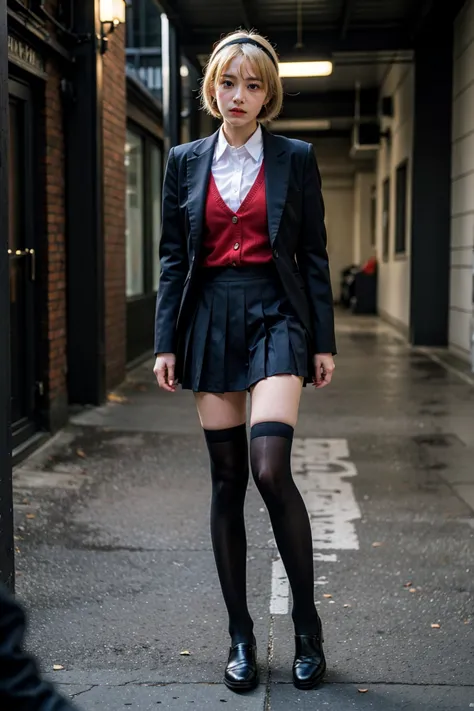 1 girl, full body photography, athletic, blonde hair, school uniform, gray cut suit jacket, Satoko, mid-short hair, wide hips, Volumetric lighting, best quality, masterpiece, intricate details, tone mapping, Sharp focus, hyper detailed, trending on artstat...