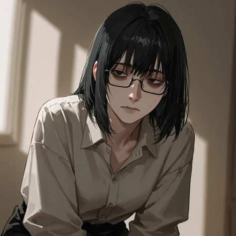 A pale, thin 25 years old man, he has straight, shoulder-length black hair, his eyes are tired with dark circles, and he wears thin rectangular glasses. 