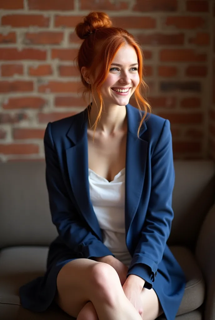 Une jeune femme rousse, coiffée d'un chignon élégant, se tient devant un mur de briques rouges dans un loft londonien. Elle porte une chemise blanche ample qui tombe juste au-dessus de ses cuisses et une cravate bleu marine parfaitement nouée en double Win...