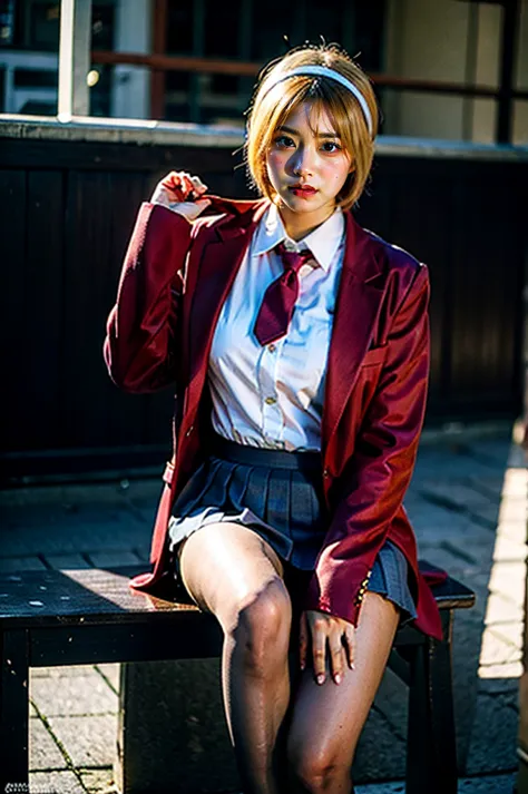 1 girl, full body photography, athletic, blonde hair, school uniform, gray cut suit jacket, Satoko, mid-short hair, wide hips, Volumetric lighting, best quality, masterpiece, intricate details, tone mapping, Sharp focus, hyper detailed, trending on artstat...