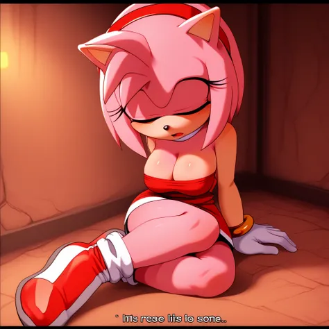 a video game screenshot showing a beautiful woman hanging on the ground without shoes, 1girl, solo, breasts Amy Rose, Unconscious, 