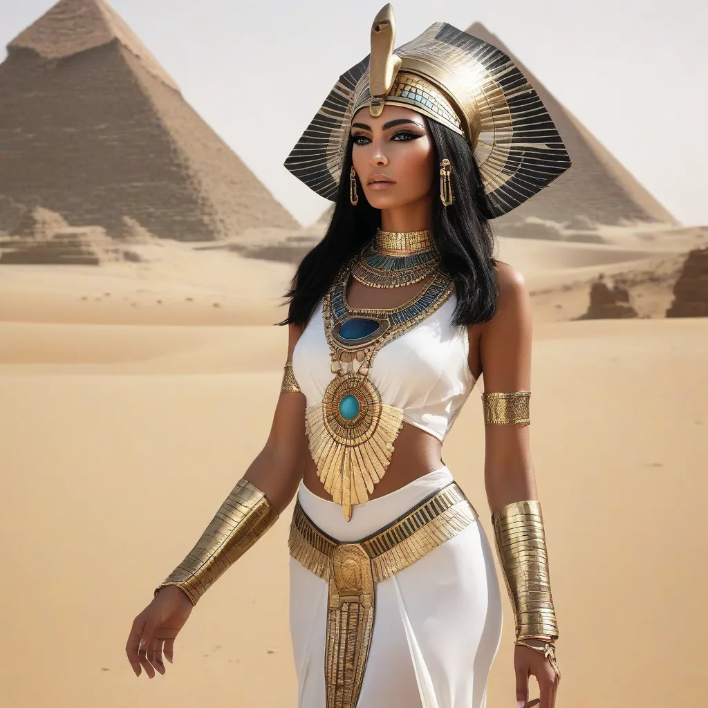 photograph of the goddess Isis, ornate, Egypt, intense exotic face, mystical aura, dust, debris, tanned skin, Ankh, Black Eyeliner, black hair, clothing transparent white silk sheath dress, solar disk and cowâs horn headdress, beauty, with desert pyramid...