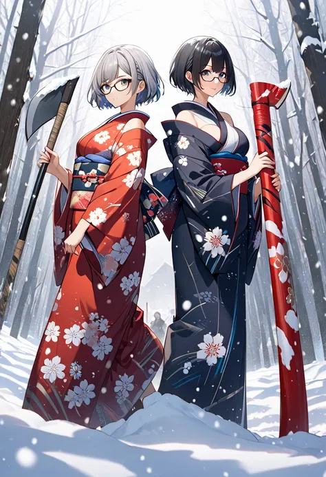 score_9, score_8_up, score_7_up, score_6_up, score_5_up, score_4_up, source anime,2girl,twins,black short hair,medium breasts,wearing glasses,japanese traditional kimono printed winter pattern,bare shoulder,cleavage cutout,blash up own hair,holding a long ...