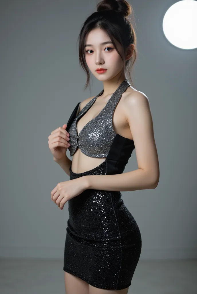 18 years old、(big breasts:2), (slim body:1.5), ( long and thin legs:1.5), ( small ass in plain black:1.5), High Resolution, masterpiece, accurate, Highest quality, high detail, ( super real:1.8),

Young Asian woman, 20s, posing in a silver and black sparkl...