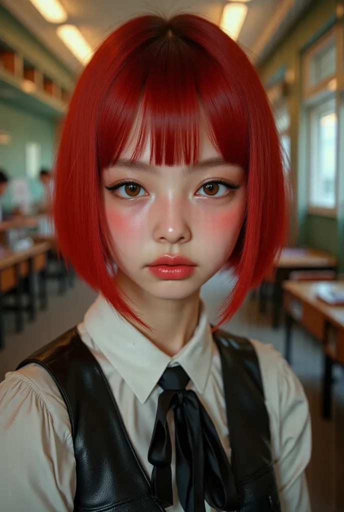 (1 girl,french bob red haircut, ,,, school girl attire, oily skin, blush,wet skin