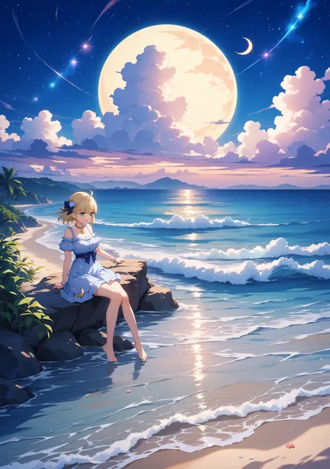  seascape、 sandy beach、 clear、no people、 scenery only、anime style、 moon、summer、Clear skies