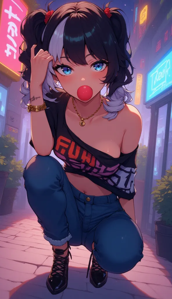 Girl, wearing a Woman Shirt Tied Belly Stock, Tied belly shirt With squares design in black and white, Tight jeans blue color, black shiny Stilettos, A girl squatting down with one hand resting on knees، Hairstyle Twintails, wavy long Hair, Two-tone dyed h...