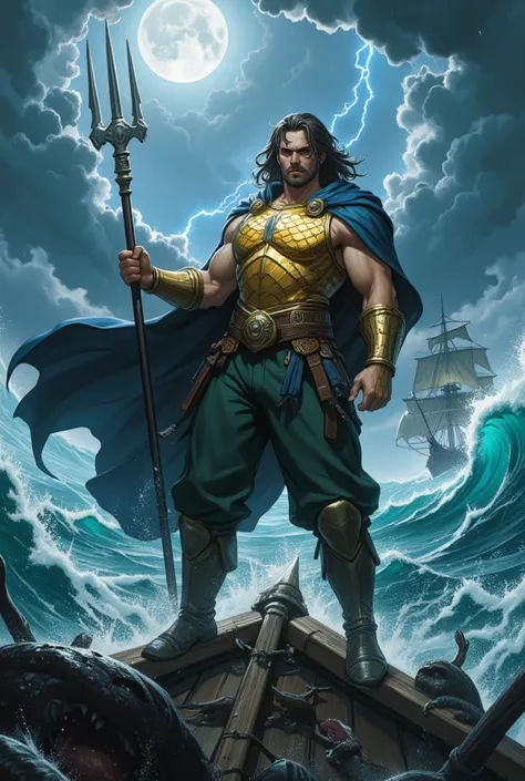 A powerful sea adventurer stands atop the prow of a storm-battered ship, his golden scaled cuirass gleaming in the moonlight. His long, wind-swept hair frames his chiseled face, one eye shadowed by an old battle scar. He grips a mighty silver trident crack...