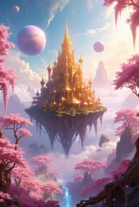 masterpiece, the golden castle in the sky, a large cherry blossom forest,  clouds everywhere ,  A planet in the sky , the golden castle in the sky muy  Detailed, beautiful cherry blossom forest of impressive color, clouds all over the landscape, beautiful ...