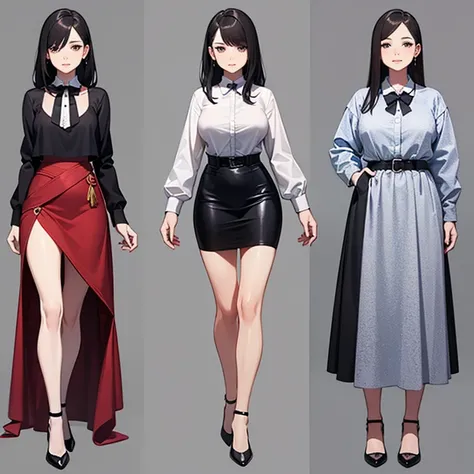 Full body illustration of a beautiful mature woman、white bowtie neck blouse with belt long tight skirt、High heels with height。 black hair、round brown eyes、Three white eyes、 elegant and random hairstyle 