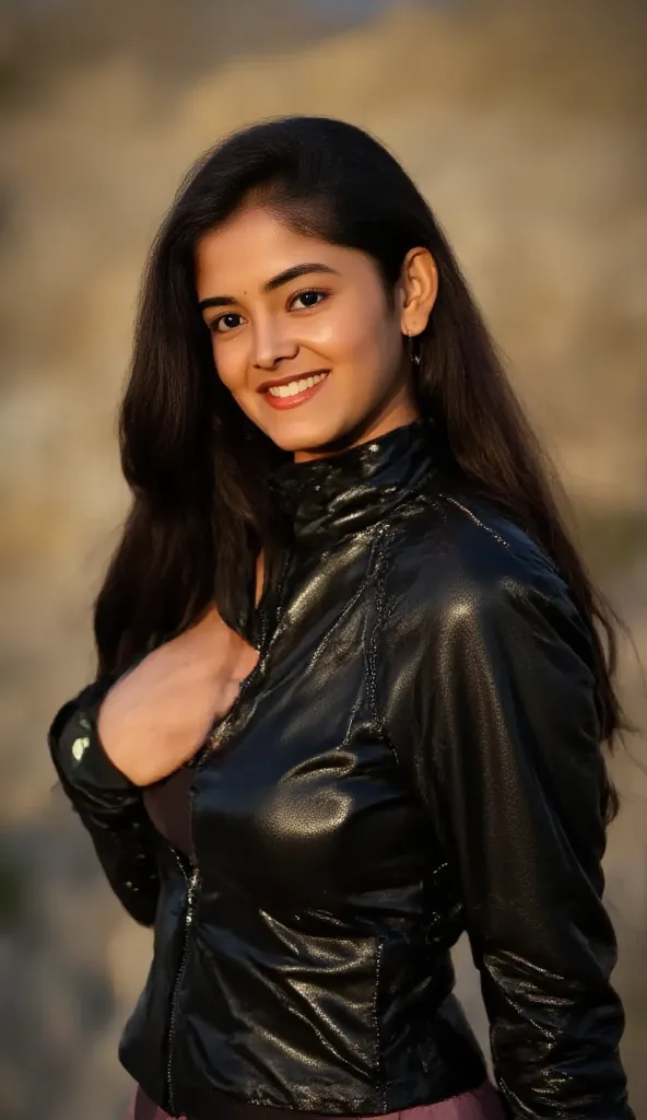 Well detailed face A busty woman stands confidently in a tight black latex turtleneck jacket with front zipper, the glossy material reflecting the soft glow of nearby lights. 