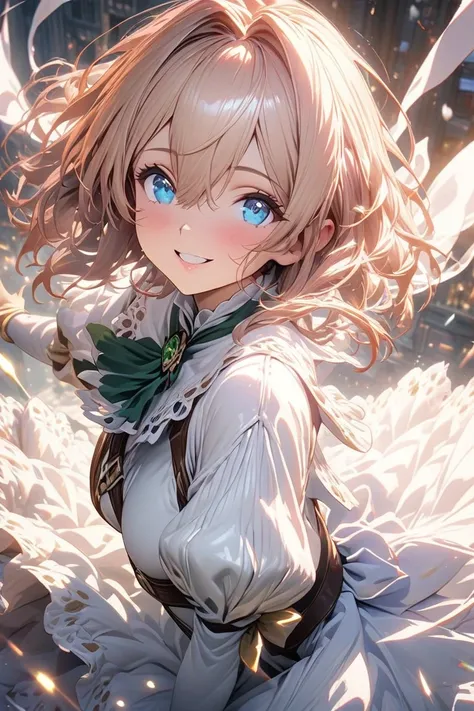 Anime-style Violet Evergarden, clothing,   Figure Skating , clothing is a light pink and white based princess-style dress, cute smile up to the knee,  twinkle in both armpits, Inward curls,  shoulder length, Glittering Kyoto Animation-style anime face and ...