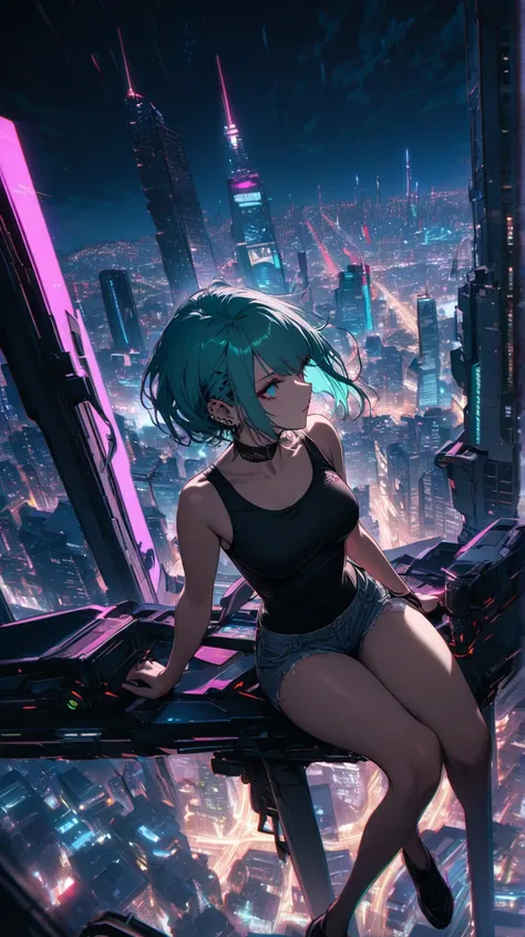 best quality,  super fine, 16k, Incredibly absurd, extremely detailed,  beautiful woman,  sitting on a trapezoid,  that hangs between two skyscrapers,  looking into the distance , is wearing a black tank top,  short turquoise hair, sidecut frisur, piercing...