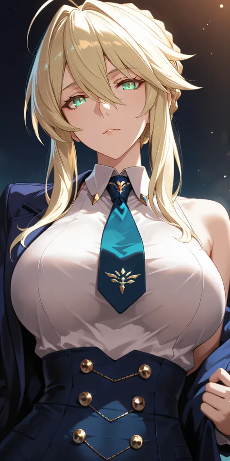 Masterpiece, very aesthetic, vibrant, high contrast, high resolution, ultra detailed, elegant mature woman, milf, artoria pendragon (lancer) (fate), curvaceous, upper body, tie, sleeveless collared shirt, jacket, side boobs, soft light, best quality, honka...