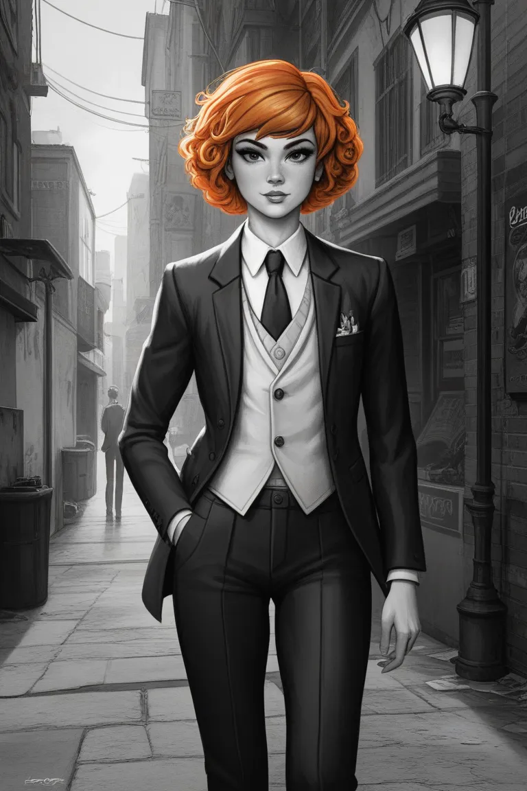 A girl with short orange hair, black eyes, and wearing black men's clothes.