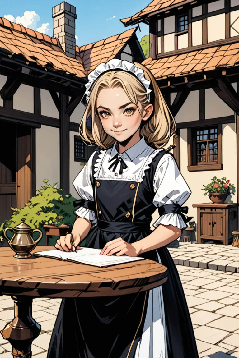 In the style of detailed DnD Fantasy anime, short hobbit-height compared to the background estate her head just barely above the tables, She is a mischievous Tabaxi girl dressed as a maid named Sable, black fur, CLAMP or MAPPA Production design style. Work...