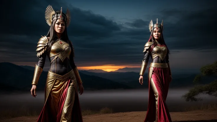 "A hyper-realistic full-body depiction of a futuristic Minangkabau female warrior standing in a commanding pose. She wears an advanced high-tech Suntiang headdress made of polished metal with intricate gold engravings and subtle glowing blue accents. Her f...