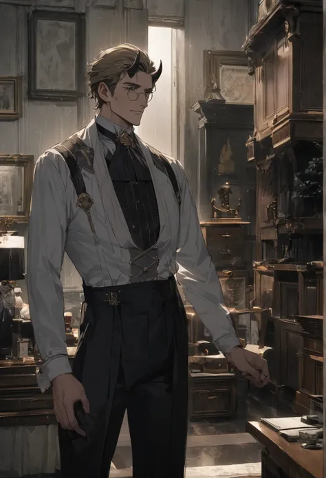 one mature male professor standing in appartement in New York , antiques in background, dark horns on head, wearing  fancy clerk outfit,  monocle, dark blond hair. bright daylight grey sky, rainy aesthetic. The man must be handsome and elegant. The image m...