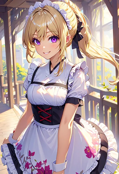 Maid, blond hair, purple eyes, smile