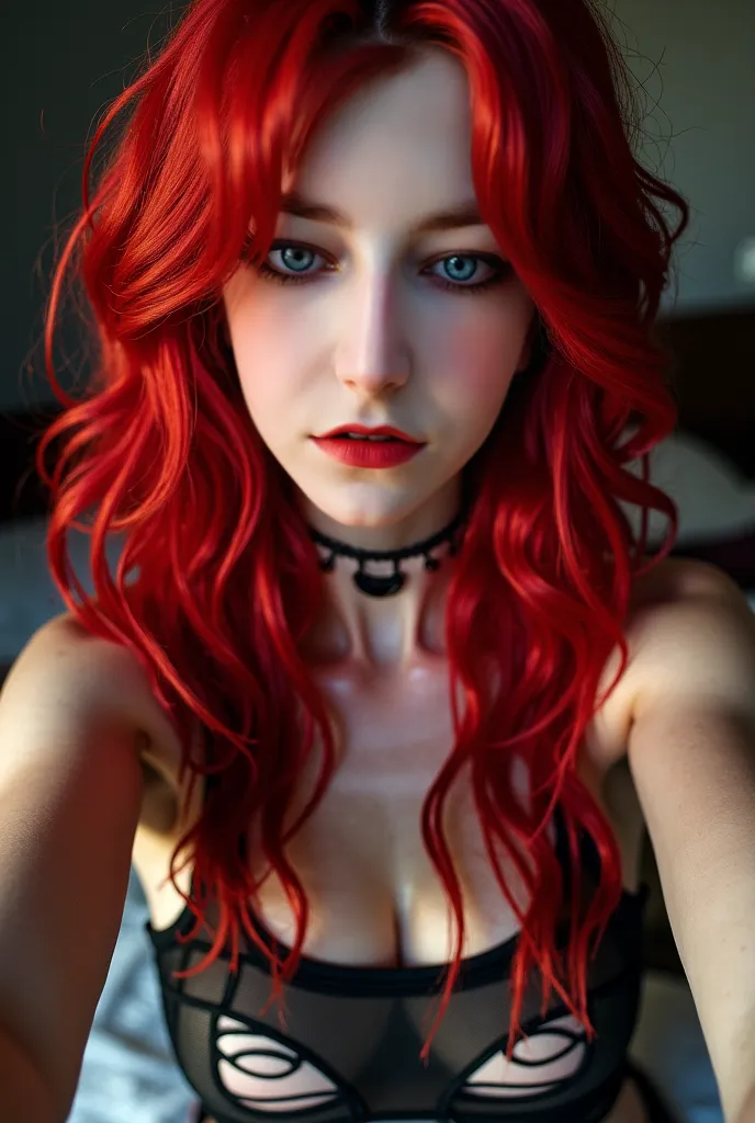 Close up shot of young woman wearing a ripped sheer top, torn sheer top, ripped and torn sheer top with graphic print, sheer top with graphic print, sheer mesh top with graphic print all over, woman has extremely long wavy and vibrant cherry red hair that ...