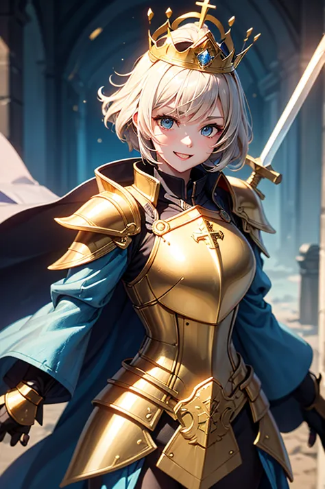 Female warrior girl with blueh air and a crown, 1girl, templar armor, blue cloak, golden shield with a cross, golden sword, happy, joy, adventure, golden armor, plate armor