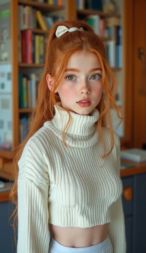 ultra realitic cinematic photo masterpiece, Highest quality, One young   girl , alone, Are standing, Lips parted, Redhead, Twin tails, extremly long ginger hair, Yellow Eyes, Hair Scrunchie, Huge breasts, View your viewers, White skintight cropped sweater,...