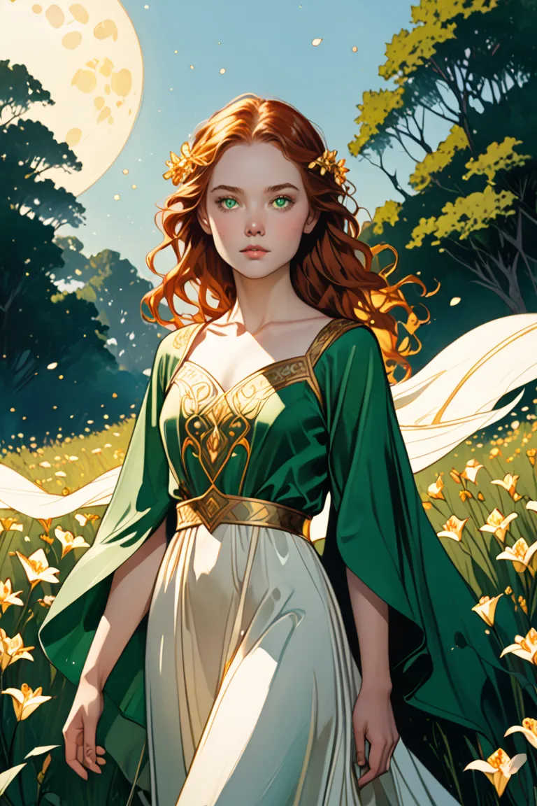 A 16-year-old noble girl with an ethereal presence, standing amidst a sun-dappled meadow. She has long, flowing auburn hair that gleams with hints of red-gold in the light, cascading past her shoulders in soft waves. Her porcelain-fair skin contrasts beaut...