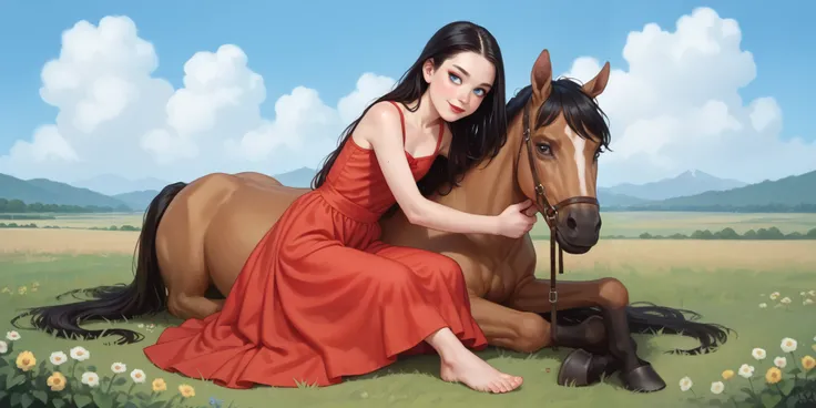A age girl sitting next to a horse, long transparent red dress, straight black hair, Very long hair, freckles, detailed ribs, flat breasted, Medium and pointed breasts, full body, small bare feet, red lips, eyeliner, smile, LAWN, clouds, blue sky, sun...