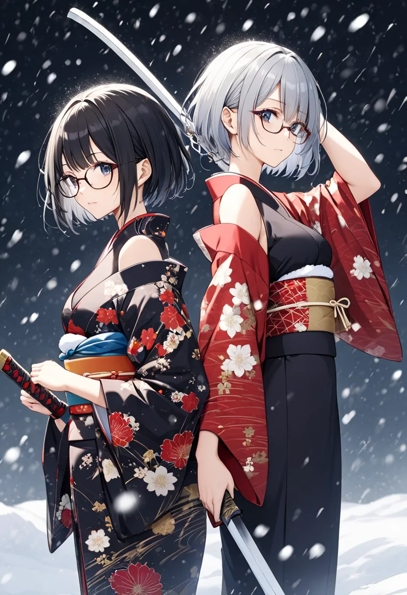 score_9, score_8_up, score_7_up, score_6_up, score_5_up, score_4_up, source anime,2girl,twins,black short hair,medium breasts,wearing glasses,japanese traditional kimono printed winter pattern,bare shoulder,cleavage cutout,blash up own hair,holding a long ...