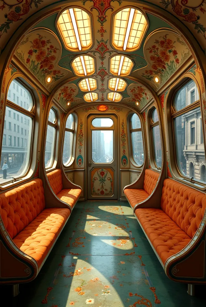 The inside of a New York subway cab, the interior takes influence from Art Nouveau and the artworks of alphonse mucha with beautiful natural curves intergrated into the interior seemlessly