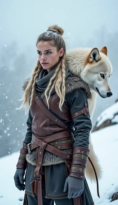 " At the top of a snowy mountain , she finds a Nordic hunting woman with a white wolf slaughtered on her shoulder,  in the middle of a snow storm . Her clothing is composed of thick and resistant leathers, with details that reflect the beauty and strength ...