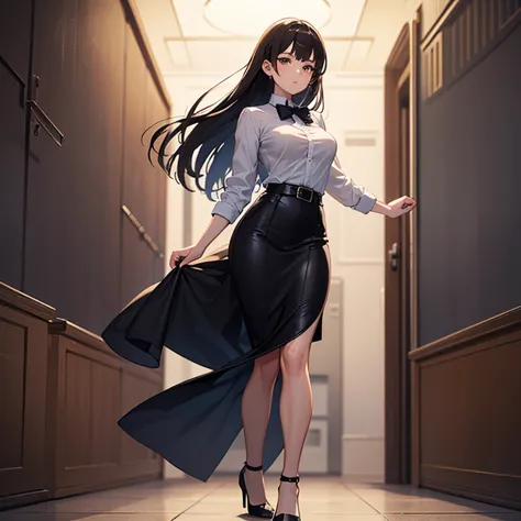 Full body illustration of a beautiful mature woman、white bowtie neck blouse with belt long tight skirt、High heels with height。 black hair、round brown eyes、Three white eyes、 elegant and random hairstyle 、Medium Breasts、torpedo-like breasts。