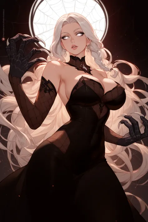 Woman, white hair, white eyes, black scales, spider paws coming out of the back, anime style,Black dress,Long braids,