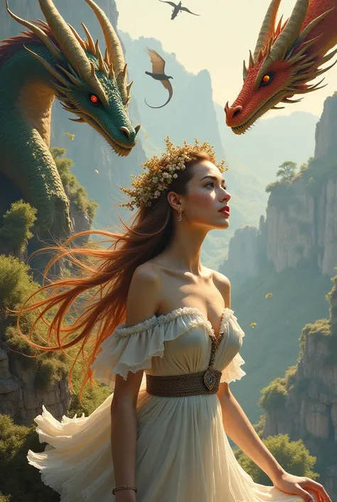 Inspired by the image, Create a woman whose main focus is on dragons 