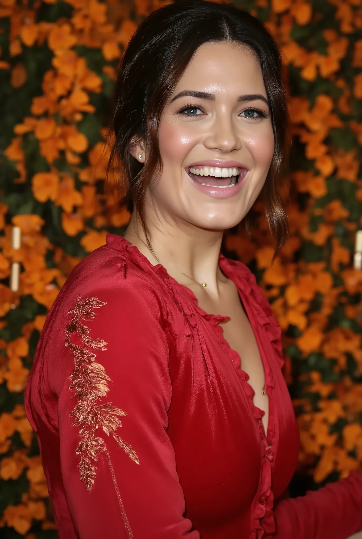 best quality, highres, 8k, masterpiece, photography, detailed midbody photorealistic portrait. Mandy Moore is dressed in a gold velvet lingerie set with full-length sleeves, inspired by the gold and crimson cheongsam described earlier. The fabric is rich a...