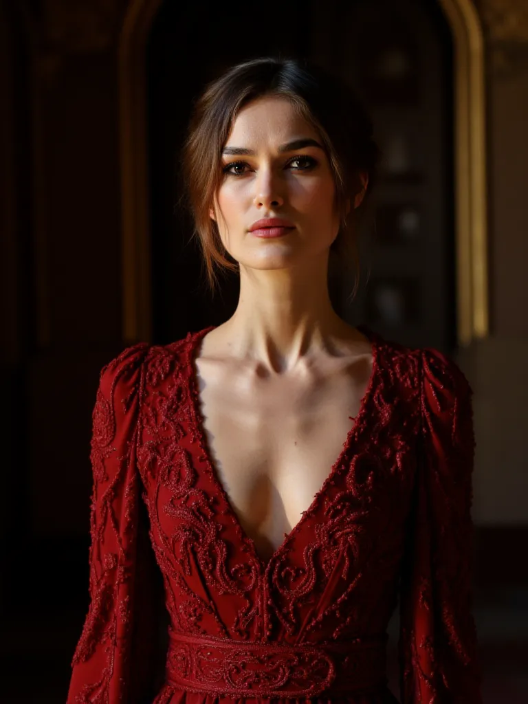 Keira knightley, game of thrones baratheon house outfit, beautiful lady, game of thrones universe, Keira knightley:1.4, looking at camera neutral expression in a sexually teasing manner, (((portrait of Keira knightley, massive breast cleavage, dark red sil...