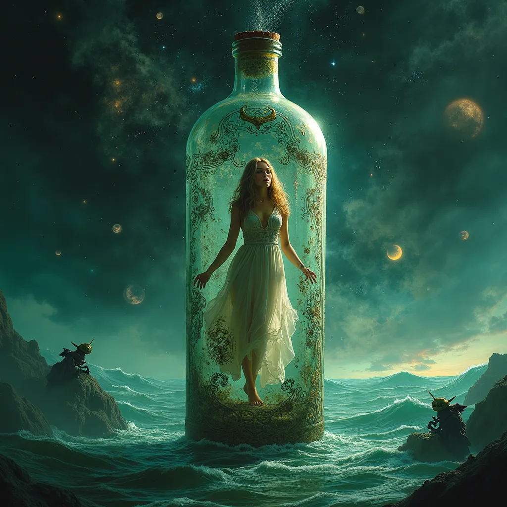  imaginative image near the bottle ,  in 8K high-resolution detail ,  transparent clothes worn by beautiful Swedish women, torn dress with goblins,  and she is inside a decorative deeply mottled glass bottle 、 swaying in the waves of time 、 represented by ...