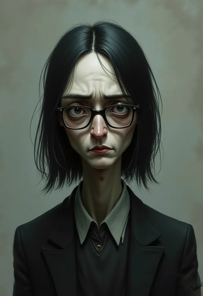 A pale, thin man, he has straight, shoulder-length black hair, his eyes are tired with dark circles, and he wears thin rectangular glasses.